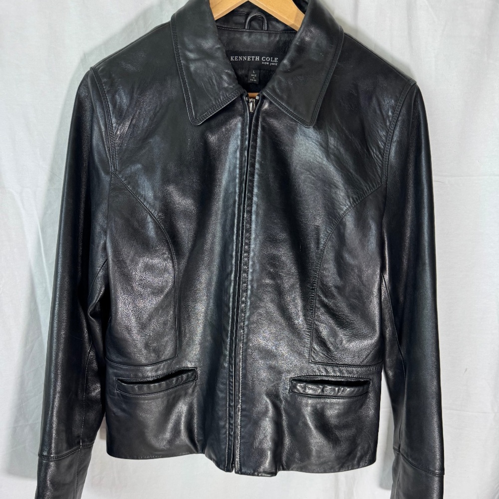 Kenneth Cole New York Mens Black Leather Zip Up Jacket KM26032-BLK Size L